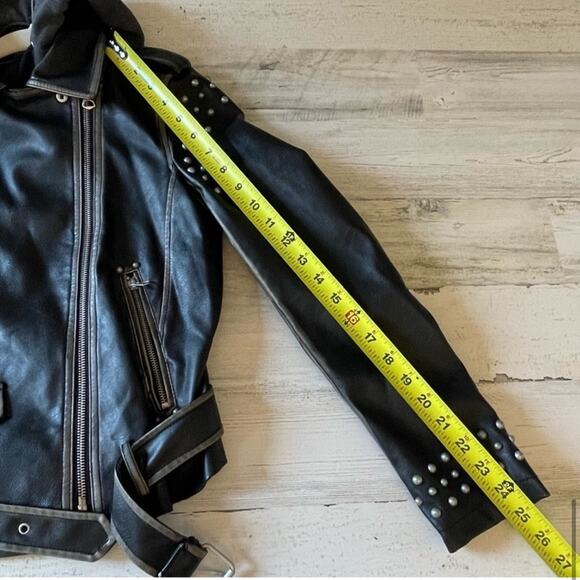 Zara Moto Distressed Faux Leather Studded Jacket with Sweatshirt Hood XS Black - Picture 14 of 16